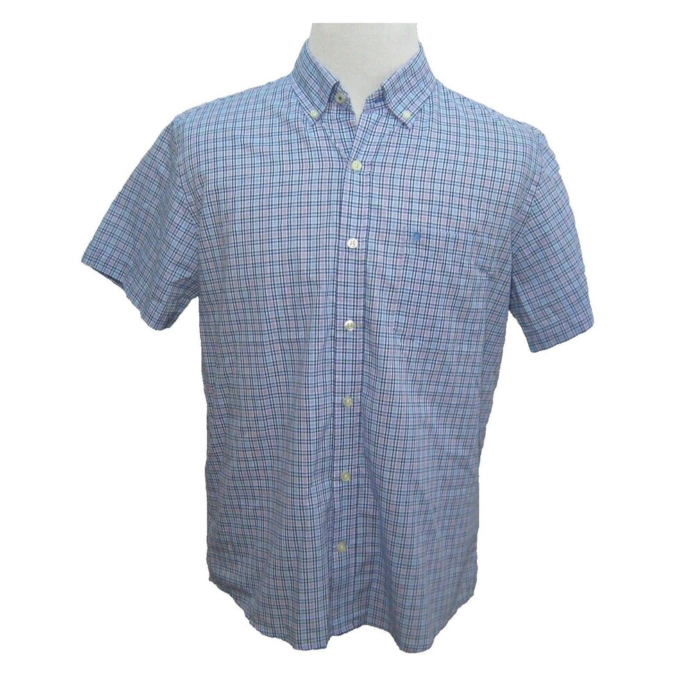IZOD Button Shirt Mens Size Large Blue Plaid Short Sleeve Pocket Check Cotton